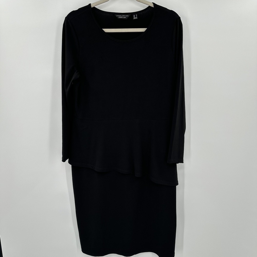 Susan Graver Every Day Black Peplum Layered Knit Dress Long Sleeve Womens Medium